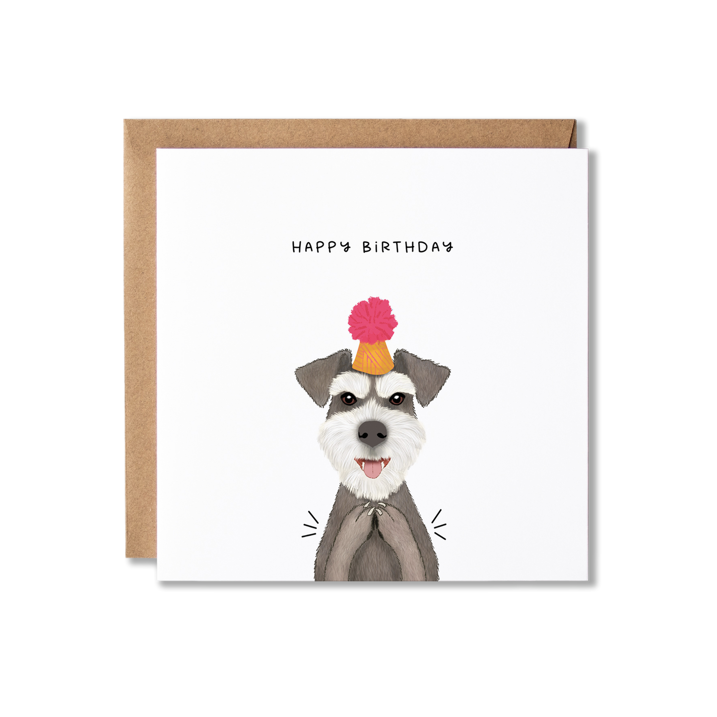 Birthday card with illustration of a Schnauzer dog in an orange party hat with a pink bobble on top, clapping with the message Happy Birthday.