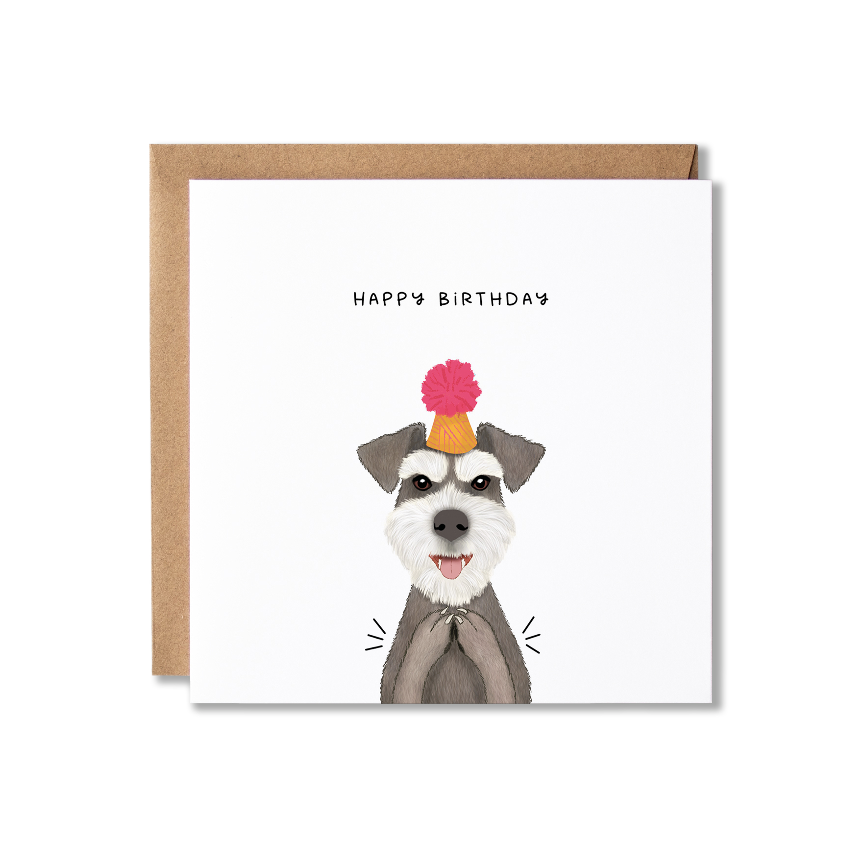 Birthday card with illustration of a Schnauzer dog in an orange party hat with a pink bobble on top, clapping with the message Happy Birthday.