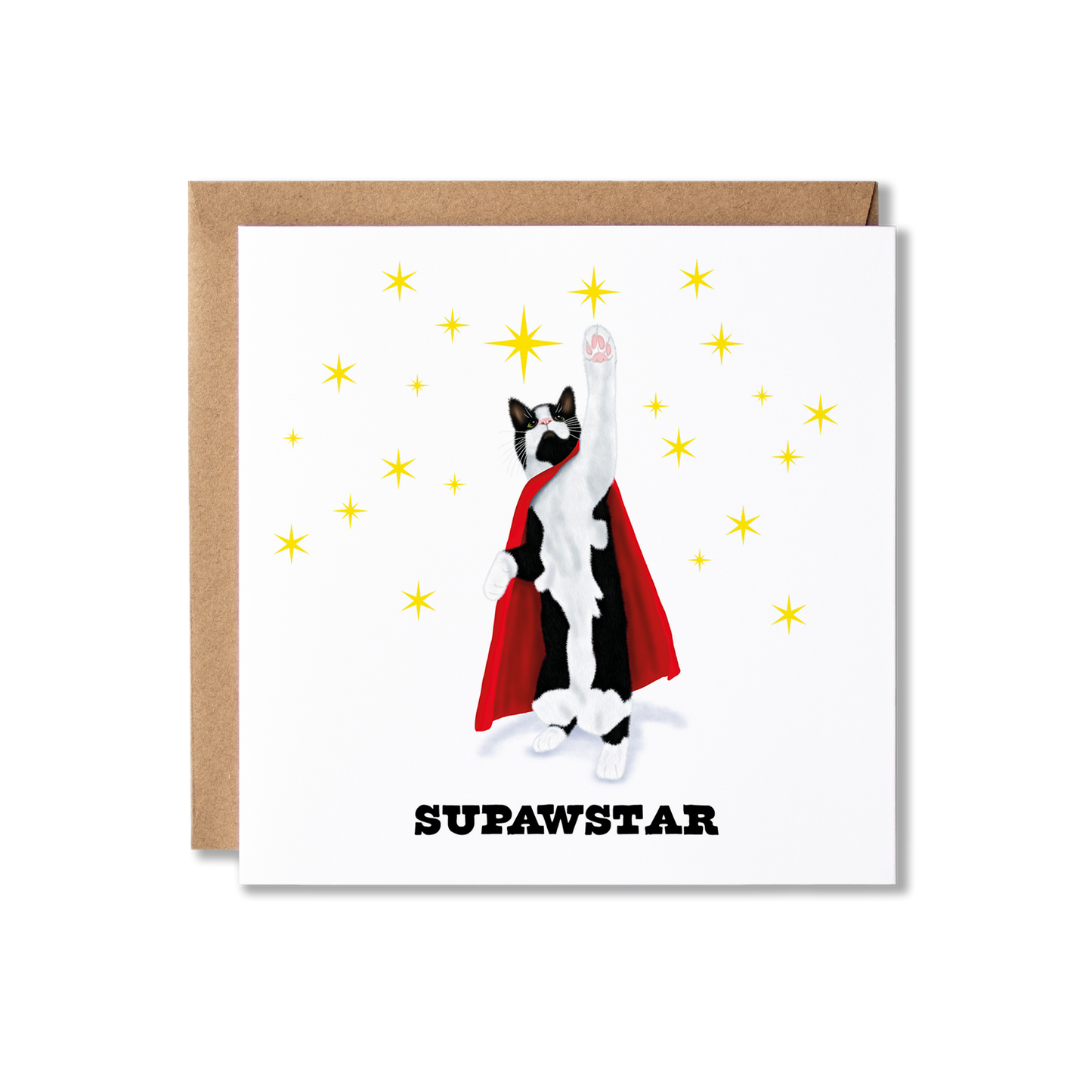 Well Done card with illustation of black and white cat wearing a red cape reaching up to the stars with the message Supawstar.