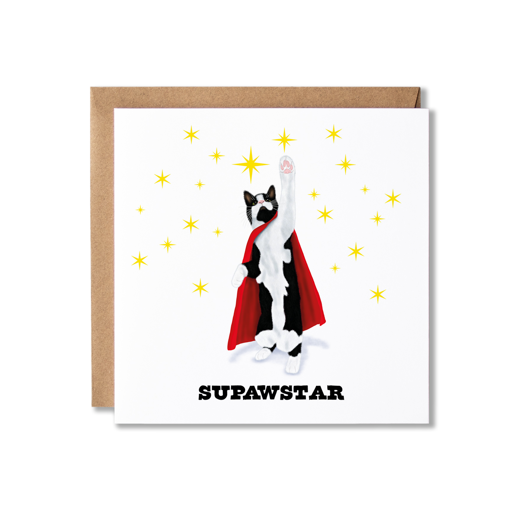 Well Done card with illustation of black and white cat wearing a red cape reaching up to the stars with the message Supawstar.