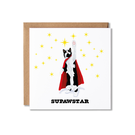 Well Done card with illustation of black and white cat wearing a red cape reaching up to the stars with the message Supawstar.